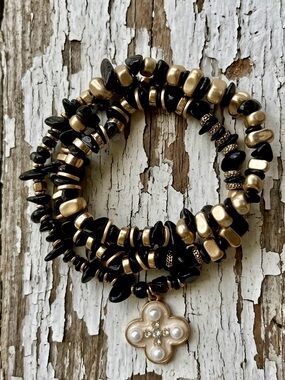 Set Of 2 Double Wrap Black Jasper & Matte Gold Tone Stretchy Bracelets